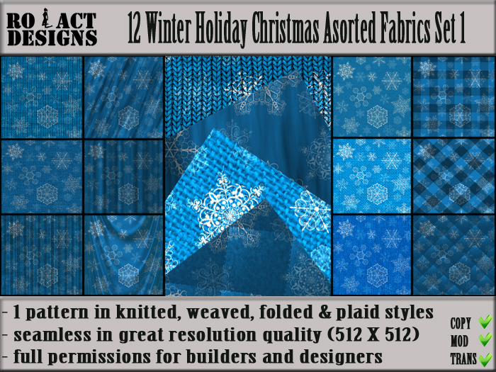 Ro!Act Designs 12 Winter Holiday Christmas Asorted Fabrics S1