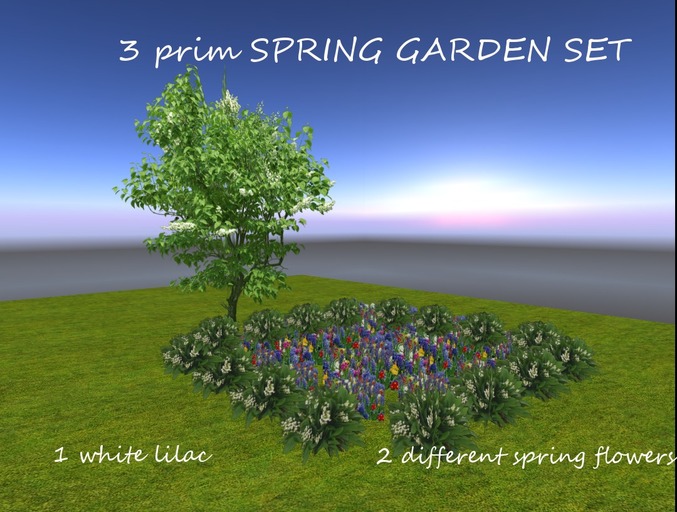 3 prim Spring flowers& white lilac