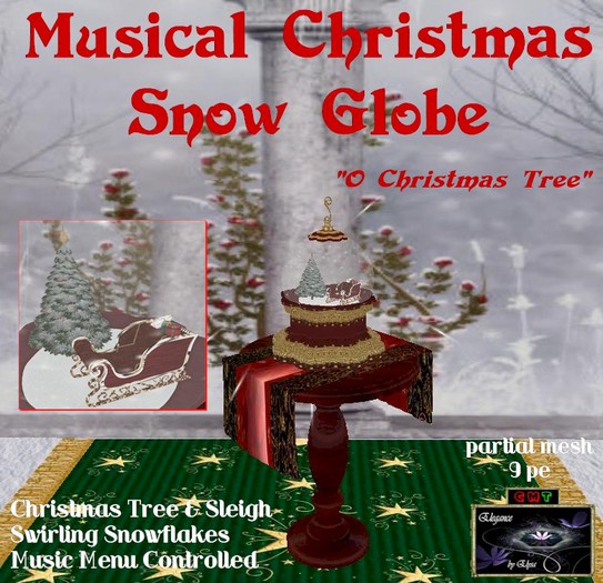 *EbE* Musical Christmas Snow Globe: Sleigh & Tree (red base)