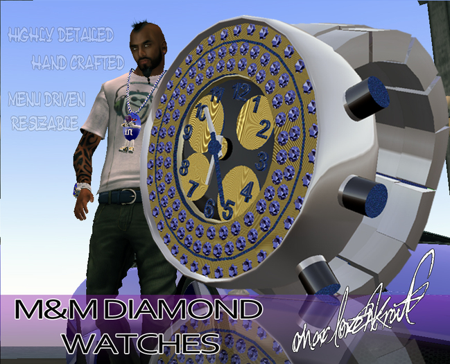 M&M Diamond Blue Crushed Gold Iced Watch (RS) Boxed