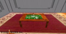 A wooden coffee table with a water floating glass plate. 