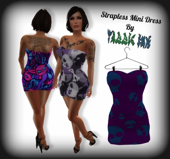 Tazzie Ink ~ Strapless Mini Dress - Geo Skully