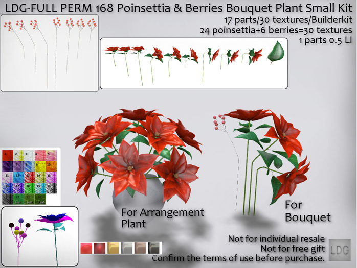 LDG-FULL PERM 168 Poinsettia & Berries Bouquet Plant Small Kit/17 parts/30 textures/Builderkit