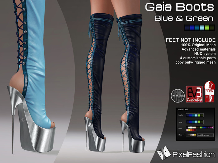 :)(: Gaia Platform Boots - Blue & Green - Mesh  - Classic Avatars + Eve Avatars compatible + Slink Physique 