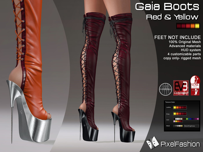 :)(: Gaia Platform Boots - Red & Yellow - Mesh  - Classic Avatars + EVE Mesh Body + Slink Physique