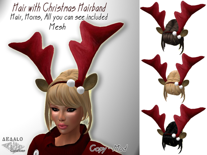 Hair with Christmas Hairband - Mesh - Hair, horns, ears, all included!!! * SPECIAL PRICE Merry Christmas Promo * 