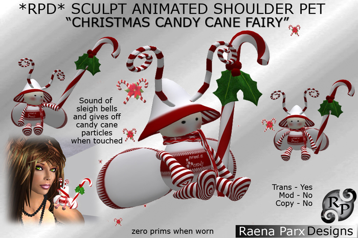 CHRISTMAS CANDY CANE FAIRY SHOULDER PET - ANIMATED, SCULPT - *RPD*