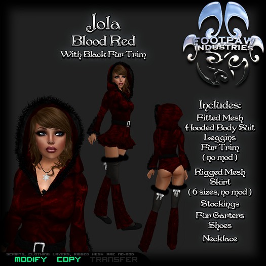 [FPI] Jola Blood Red -Black trim, Lovely Crushed Velvet Outfit with Fur trim