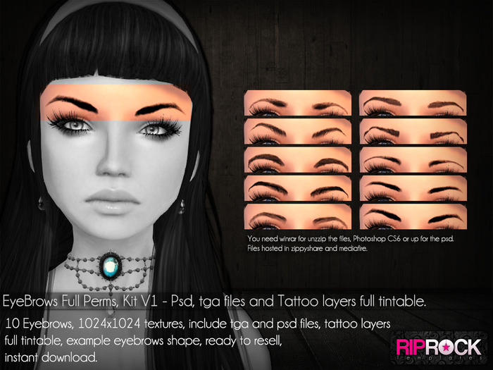 RipRock - EyeBrows Full perms, psd, tga files  and tattoo Kit1