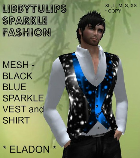 * Eladon * Black Blue Sparkle Vest and Shirt - Mesh