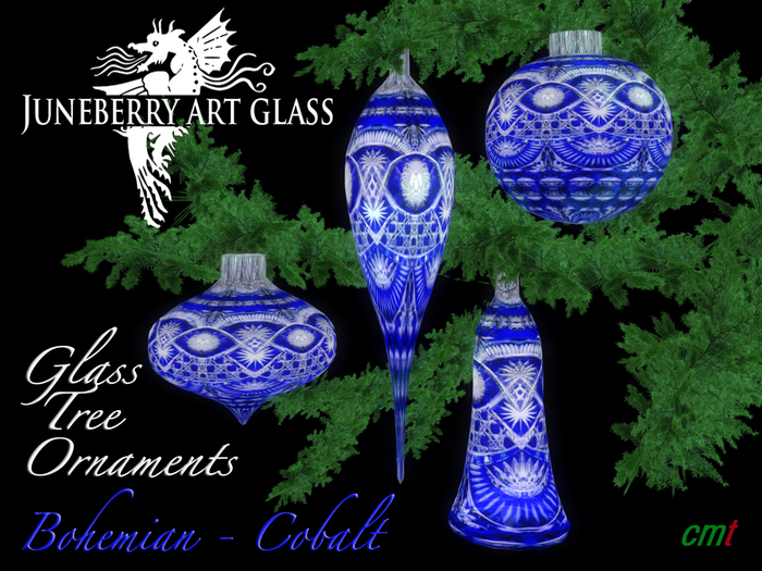 Bohemian ChristmasTree Ornaments Cut Crystal w Cobalt Overlay by Juneberry Art Glass