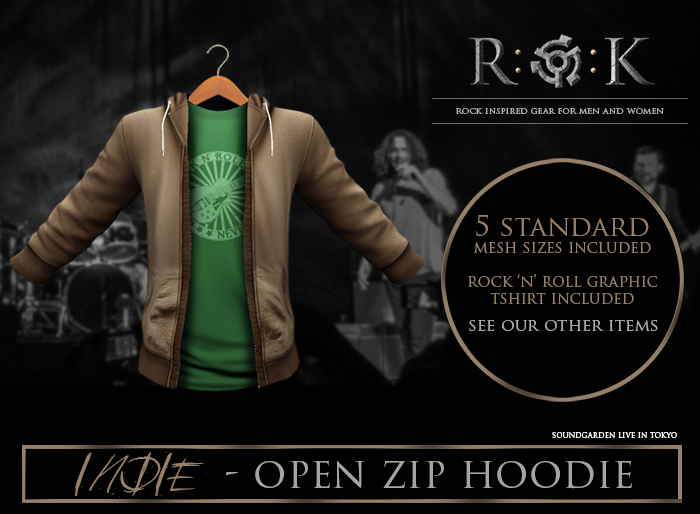 INDIE OPEN HOODIE TAN WITH ROCK 'N' ROLL SHIRT