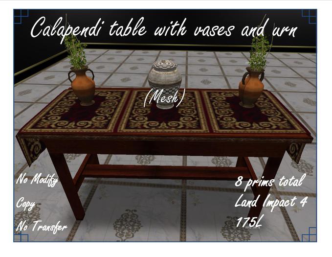 Calapendi table with vases and urn