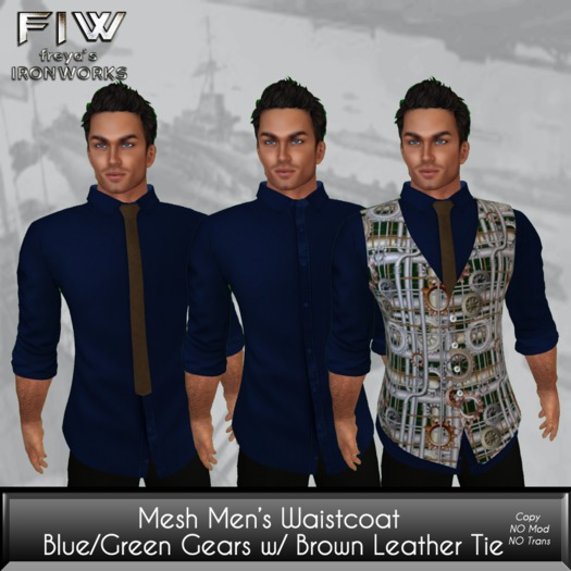 Mesh Men's Waistcoat - Blue Shirt/Brown Leather Tie/Green Gears Waistcoat