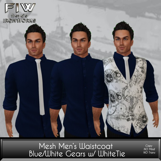 Mesh Men's Waistcoat - Blue Shirt/White Tie/White Gears Waistcoat
