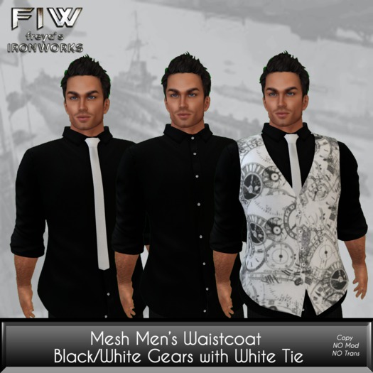 Mesh Men's Waistcoat - Black Shirt/White Tie/White Gears Waistcoat