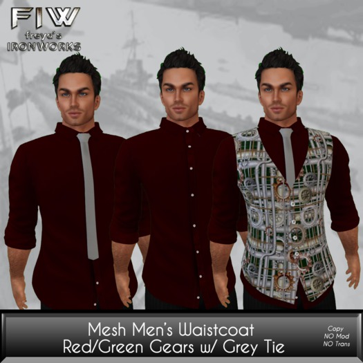 Mesh Men's Waistcoat - Red Shirt/Grey Tie/Green Gears