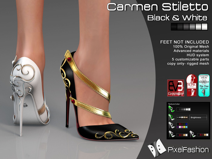 :)(: Carmen stiletto - Black & White - slink high feet - Gaeline tip toe - EVE Avatar mesh