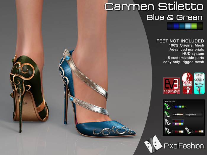:)(: Carmen stiletto - Blue & Green - slink high feet - Gaeline tip toe - EVE Avatar mesh