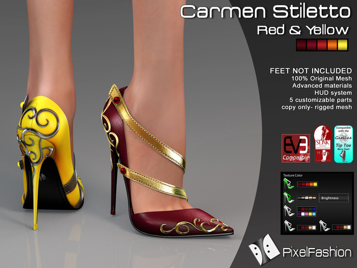 :)(: Carmen stiletto - Red & Yellow - slink high feet - Gaeline tip toe - EVE Avatar mesh