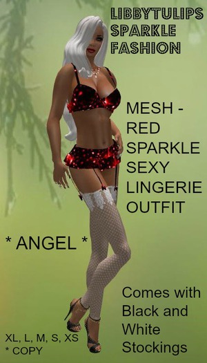 * Angel * Red Sparkle Sexy Lingerie Outfit - Mesh