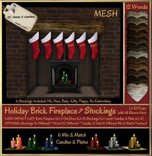 Second Life Marketplace *ZK* Mesh Holiday Brick Fireplace with