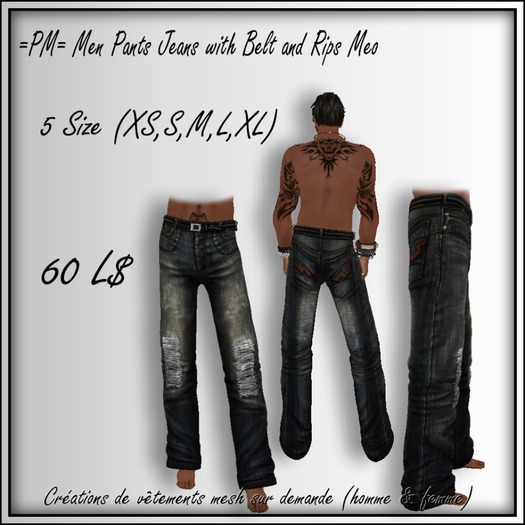 =PM= Men Pants Jeans with Belt and Rips Meo