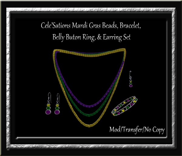 Mardi Gras Beads - Tri - Color Beads, Bracelet, Earrings, & Belly Button Ring Jewelry Set