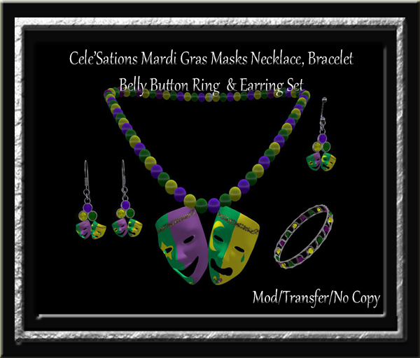 Mardi Gras Masks Jewelry Set - Beads, Bracelet, Earrings, & Belly Button Ring Jewelry Set