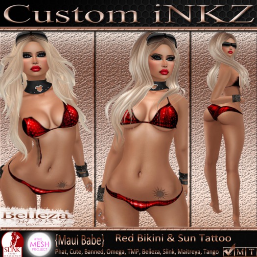 Custom iNKZ - Maui Babe Red Bikini & Sun Tattoo & Appliers