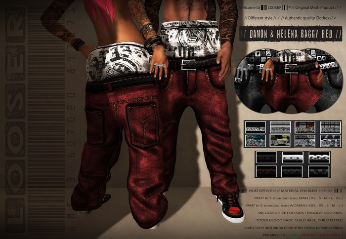 *2015 EDT.* █║▌LOOSER ║▌║® // Damon & Helena Baggy Loose Pant RED BASIC EDT. // HUD MESH // MATERIAL ENABLED SHINE
