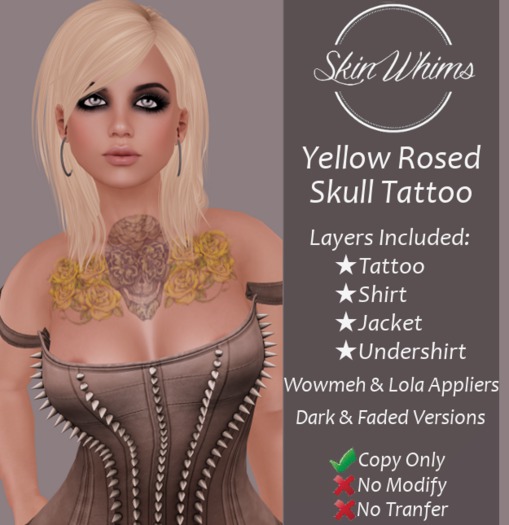 Skin Whims :: Yellow Rosed Skull Tattoo