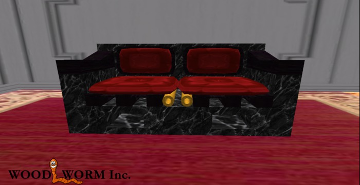A pallet couch with red cushions. With single & couple animations