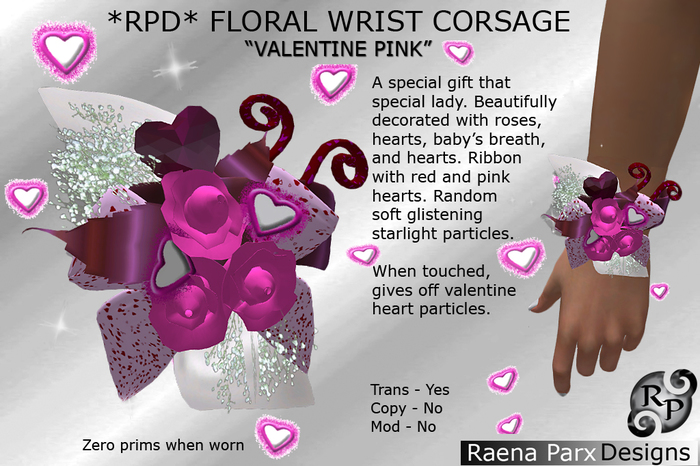 FLORAL WRIST CORSAGE - "VALENTINE PINK" WITH PARTICLES - *RPD*