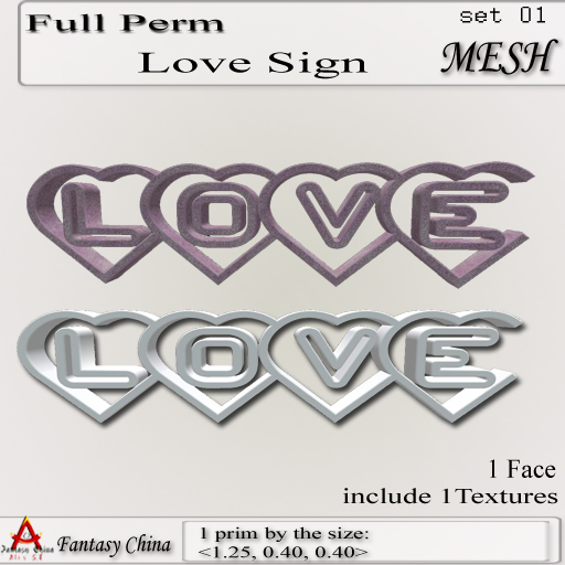 Fantasy China Mesh Love Sign SET 01 only 1 prim! FULL PERM