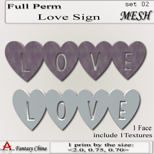 Fantasy China Mesh Love Sign SET 02 only 1 prim! FULL PERM