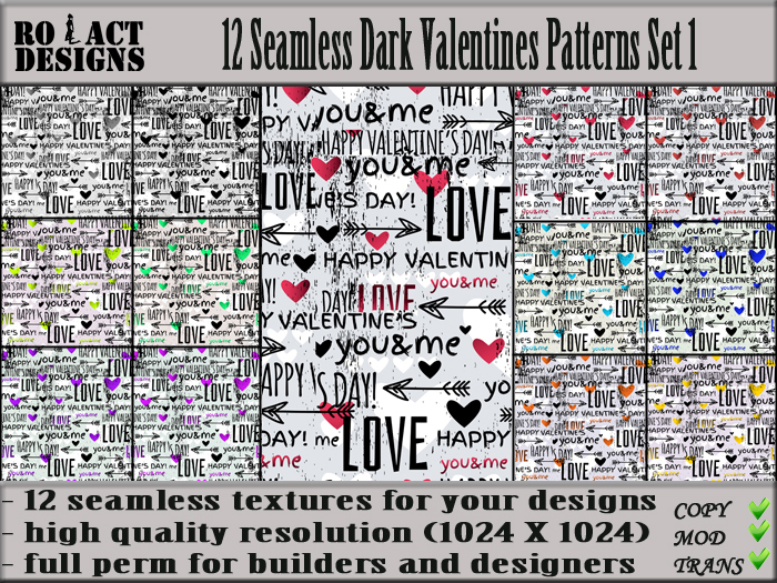 Ro!Act Designs 12 Seamless Dark Valentines Patterns Set 1