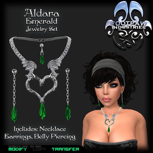 [FPI] Aldara Emerald - A Lovely Entwined Dragon Heart Necklace with Gem Stone Earrings & Belly Piercing Jewelry set