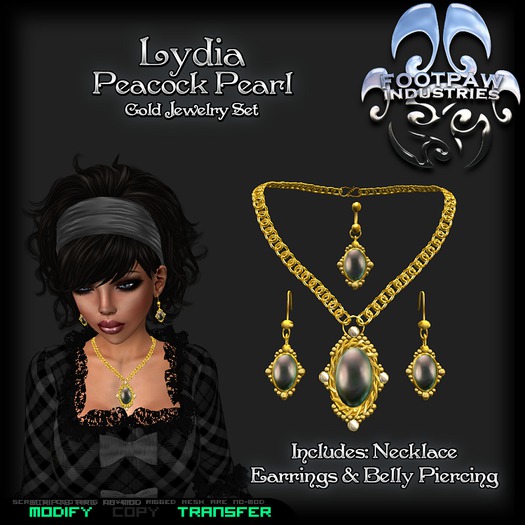 [FPI] Lydia Peacock Pearl Gold - An Ornate setting for Lovely Cabochon stones makes this Elegant Jewelry Set