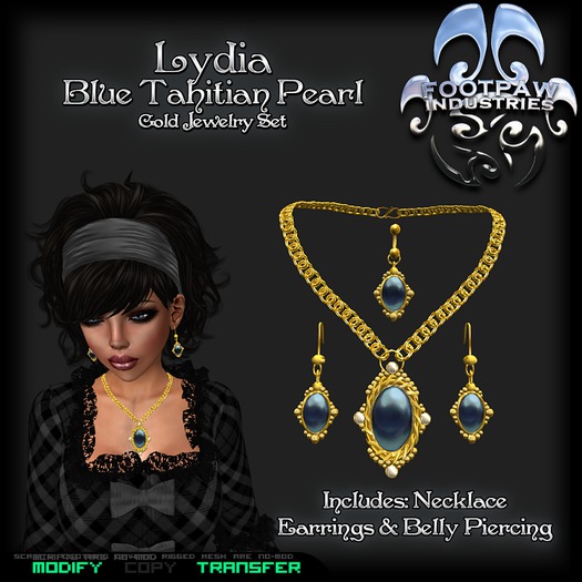 [FPI] Lydia Blue Tahitian Pearl Gold - An Ornate setting for Lovely Cabochon stones makes this Elegant Jewelry Set
