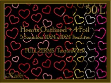 *Kushi* Hearts Outlined Foil Textures Seamless Full Perms High Res 1024x1024 Tileable, Repeating