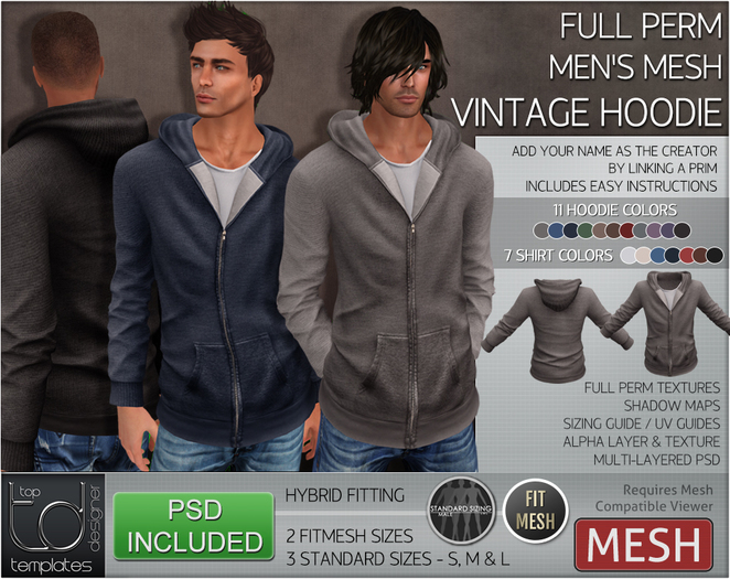 -TD- TEMPLATES - MESH Mens VINTAGE Hoodie *FULL PERMS*