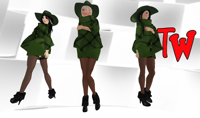 TW>Lady in green Checkered Poncho