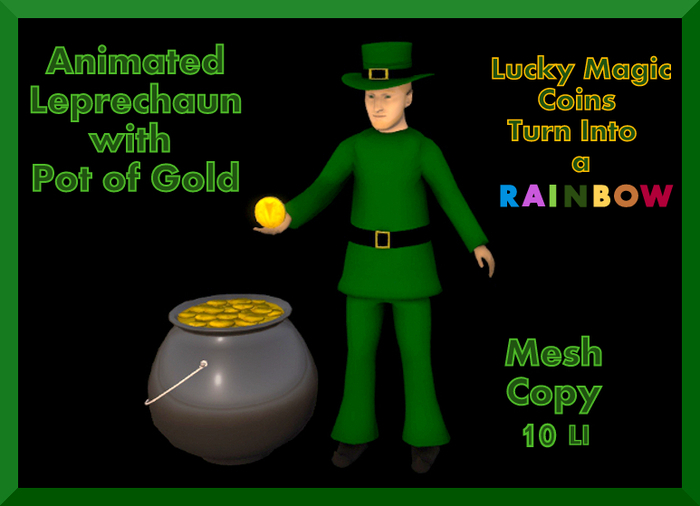 Animated Leprechaun with Pot of Gold and Rainbow-Mesh