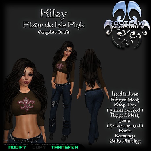 [FPI] Kiley Fleur de Lis Pink - Crop Top & Jeans complete outfit with Boots, Earrings & Belly Piercing