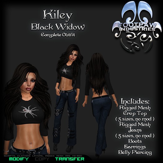 [FPI] Kiley Black Widow - Crop Top & Jeans complete outfit with Boots, Earrings & Belly Piercing
