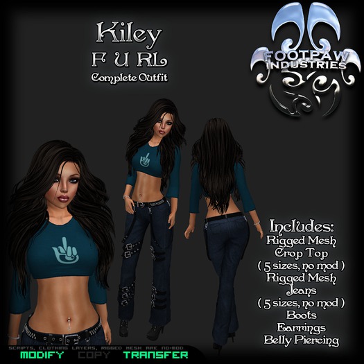 [FPI] Kiley F U RL - Crop Top & Jeans complete outfit with Boots, Earrings & Belly Piercing