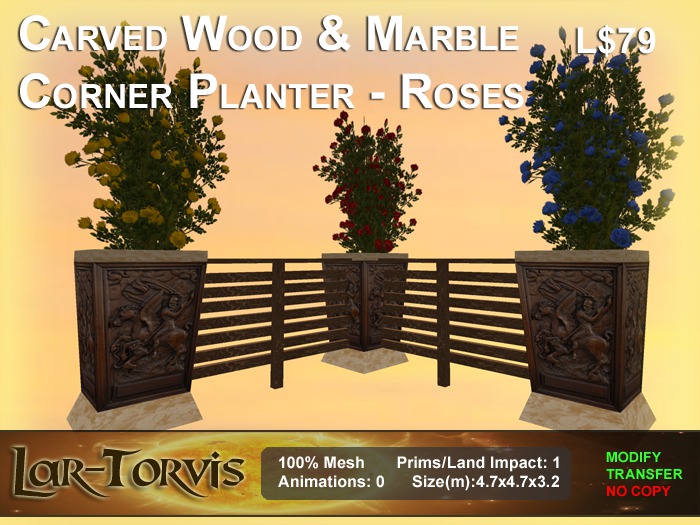 Carved Wood & Marble Corner Planter - Roses