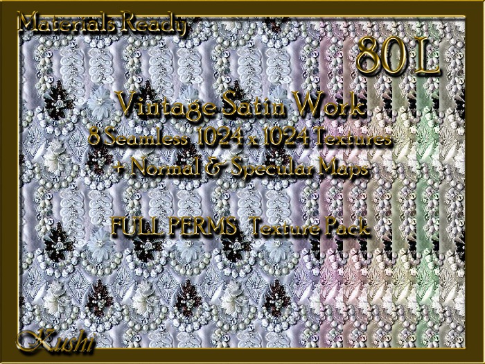 *Kushi* Vintage Satin Work Beaded & Jewelled Fabric Seamless Textures Materials Ready Full Perms 1024x1024 Tileable 