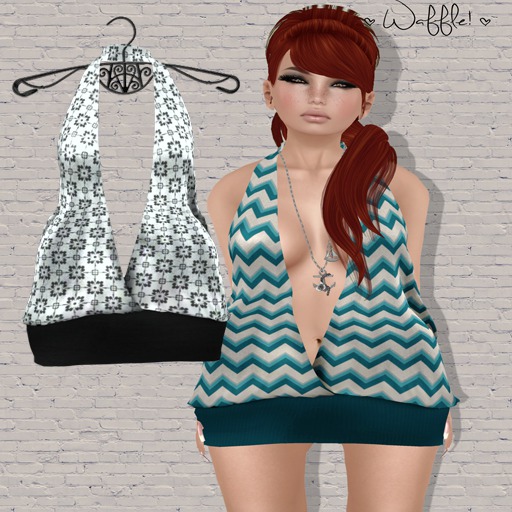 Waffle! Deep Plunge Halter Dress [white & square flower]